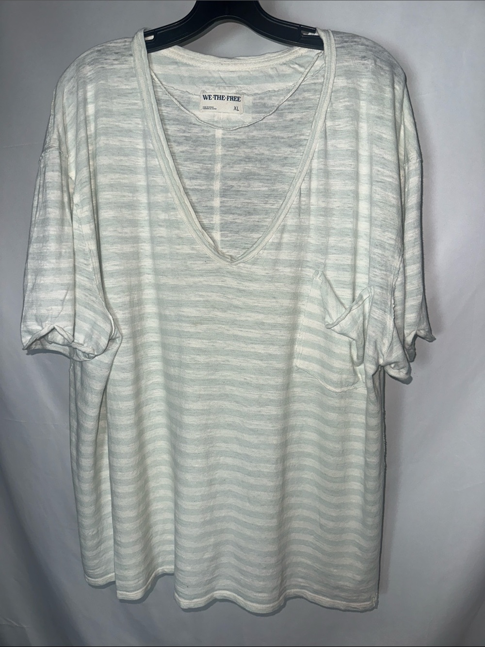 We The Free Cream & White Striped V-Neck Pocket Tee